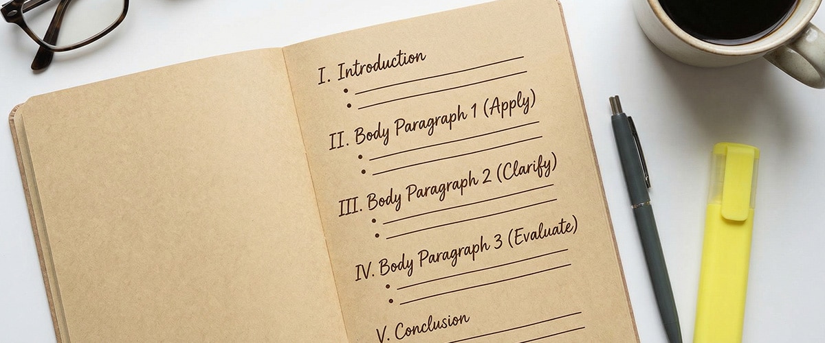 Notebook showing the ACE Framework essay structure with Apply Clarify Evaluate written out