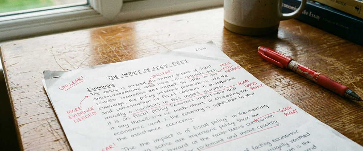 Handwritten feedback on a JC Economics essay representing personalised tutor marking