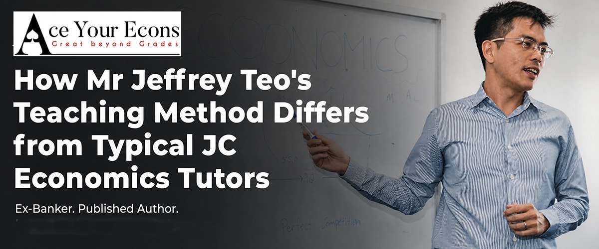 Mr Jeffrey Teo teaching JC Economics at the whiteboard, illustrating his teaching method