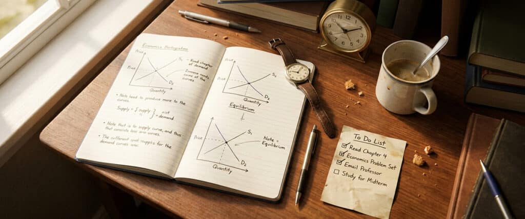 Desk scene with economics notes, clock, and checklist symbolising it's not too late to start J2 Economics tuition in Singapore
