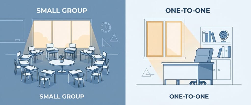 Comparison of group tuition and private tuition classroom setups for A-Level Economics in Singapore.