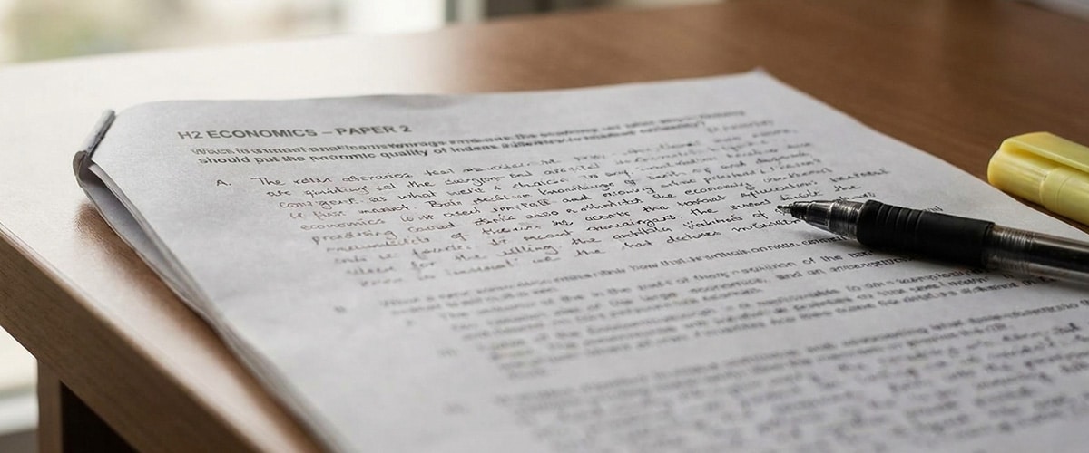 Open H2 Economics exam script representing the evaluation and application skills tested in A-Level Economics