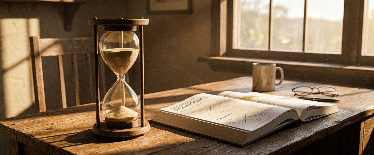 Hourglass beside an economics textbook representing how much catch-up time JC2 students have left